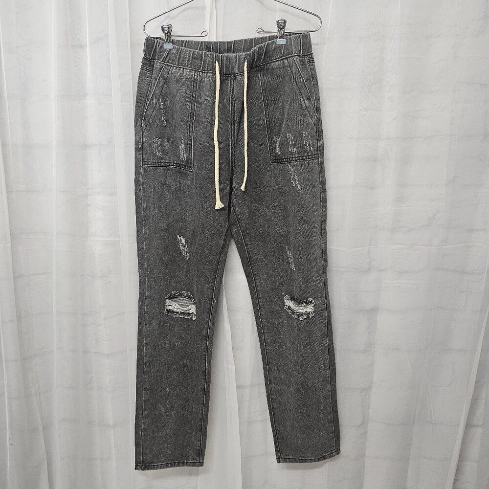 Loveu Dear Jeans Gray Distressed Pull On Punk Goth Grunge Straight Leg S